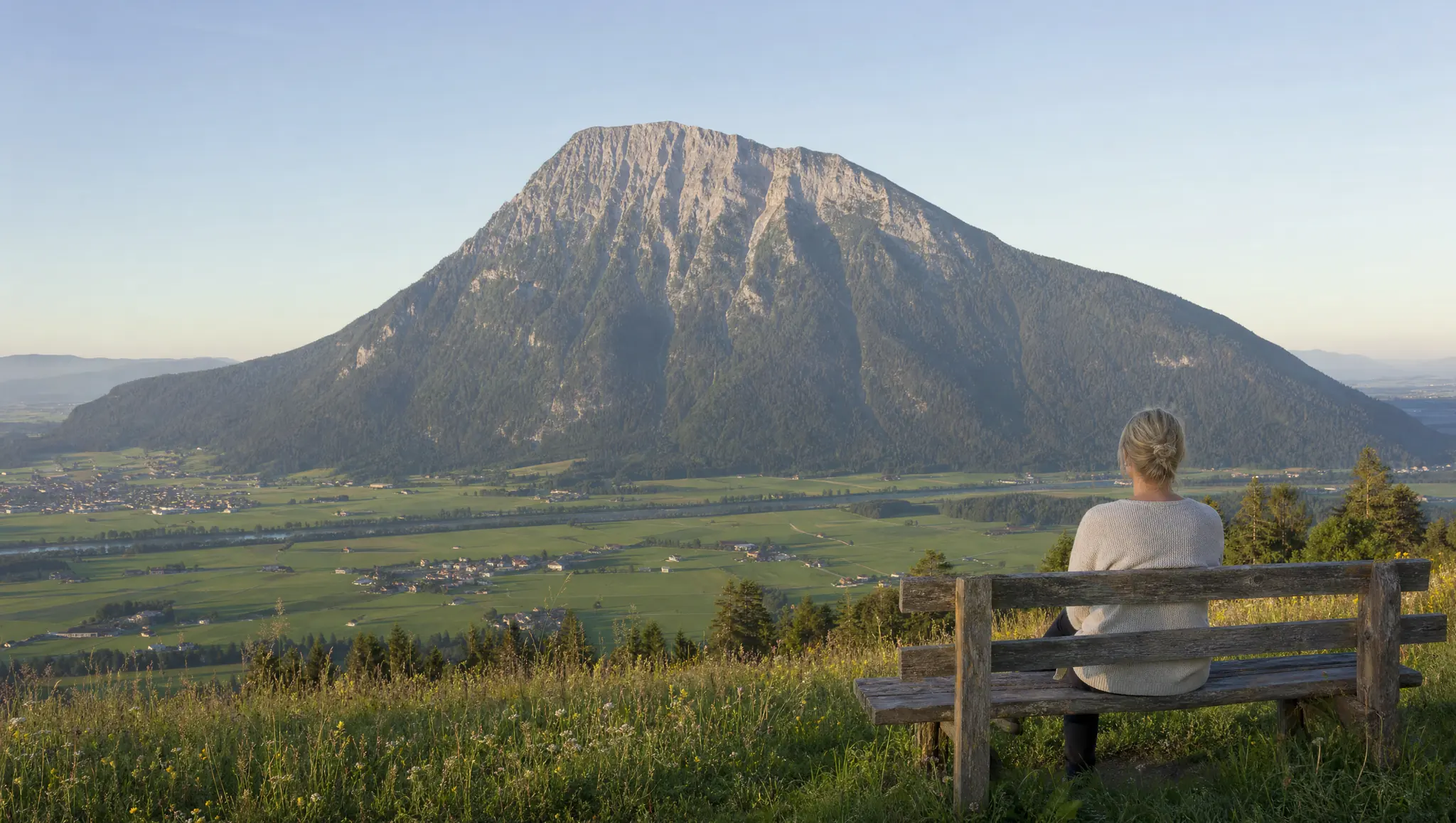 Blick über das Ennstal auf den Grimming, im Vordergrund eine Bank auf einer Blumenwiese