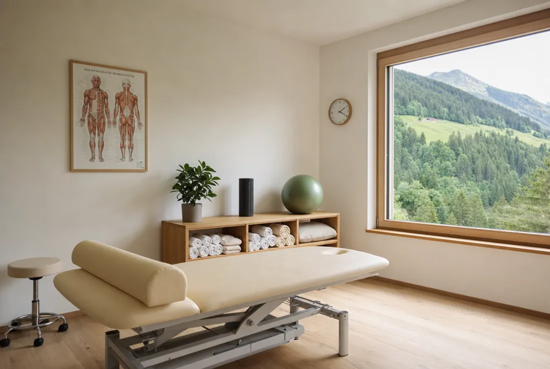 Behandlungsraum der Praxis mit Liege und Fenster ins Tal